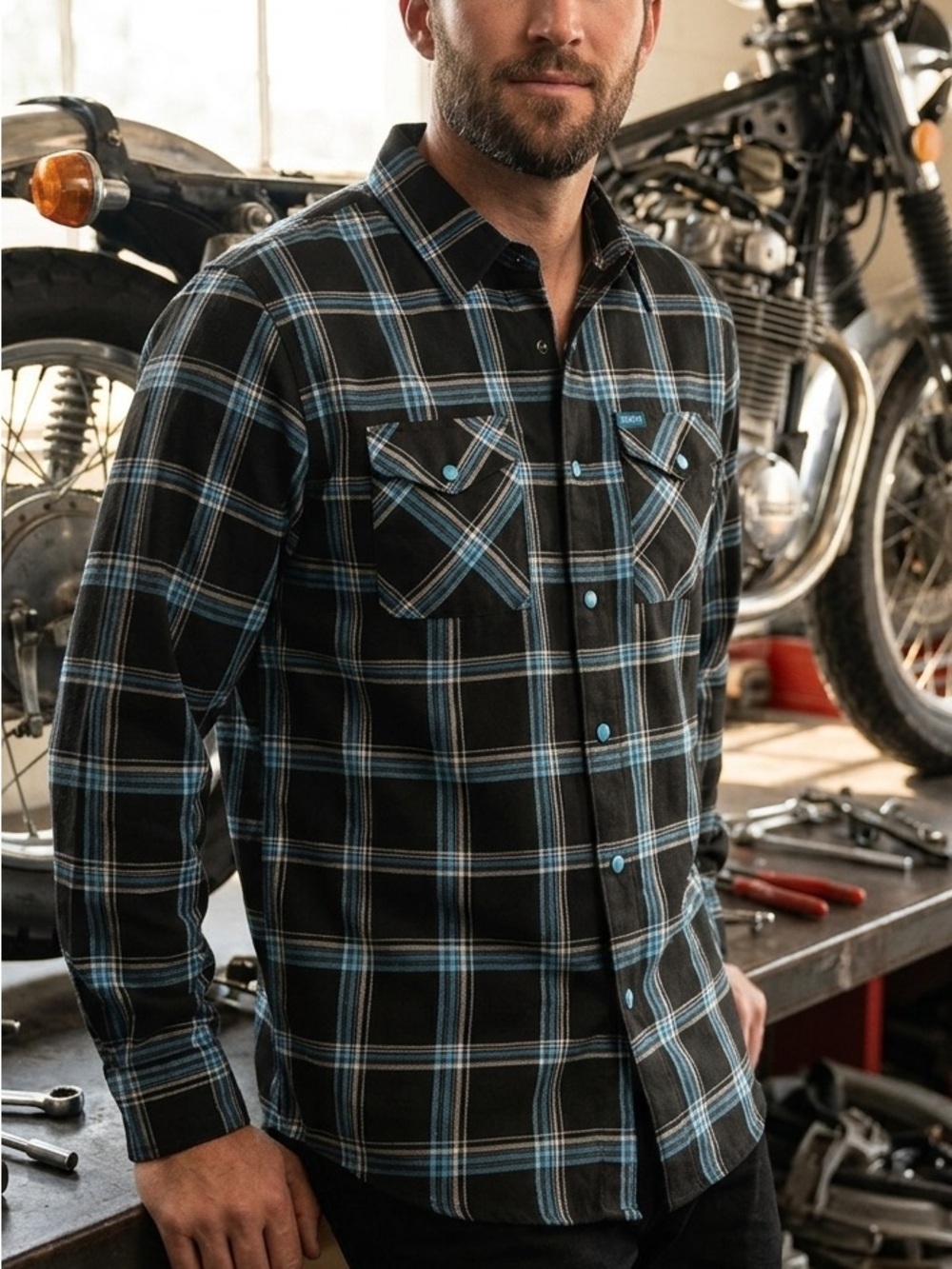 Dixxon Flannel Co. The Tradesman Teal Black White Plaid D-Tech Shirt XL Retired